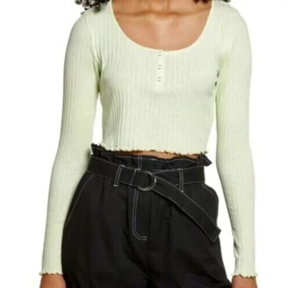 BP Women's Lettuce Edge Long Sleeve‎ Knit Crop Henley Top Green Limecream 2XL